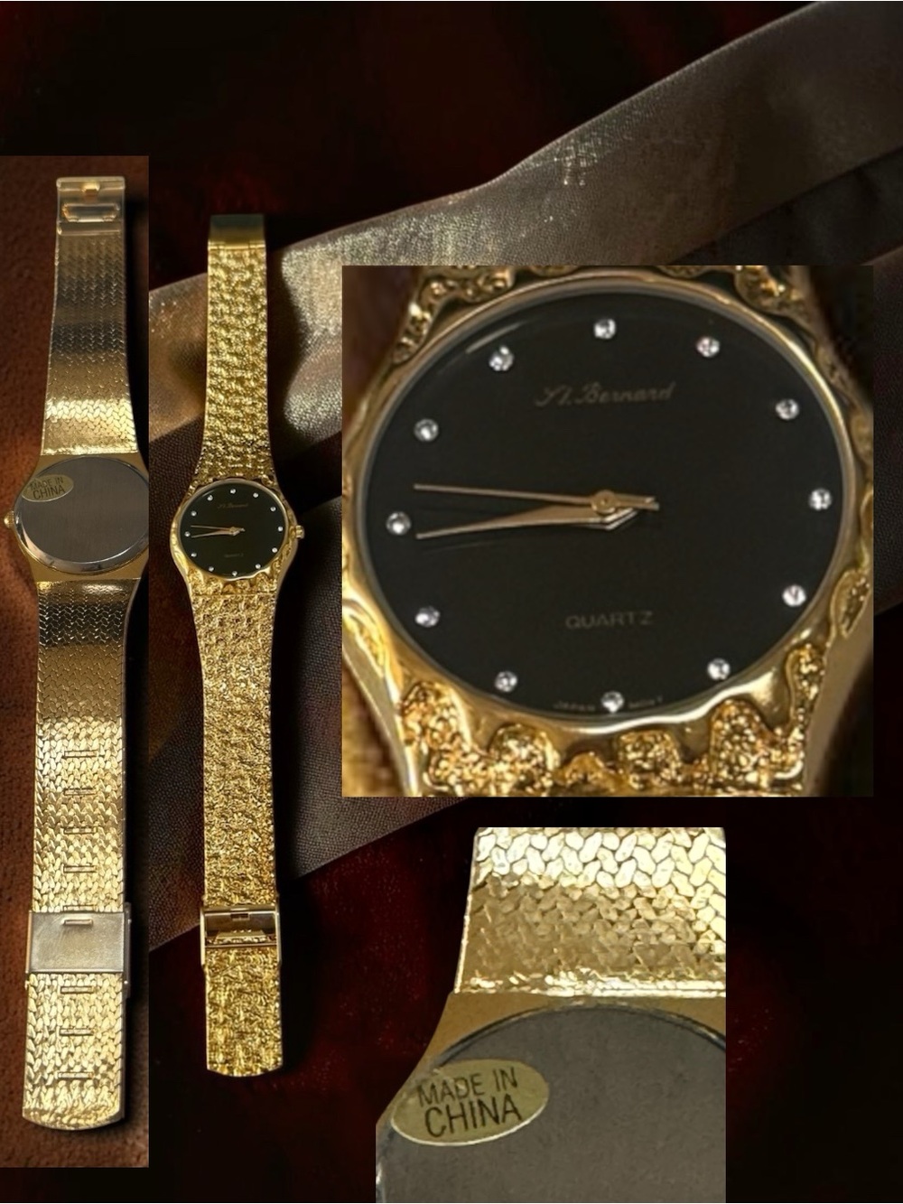 VTG Womens Watch H Bernard Gold Tone Nugget Design Band Japan Movt Estate Find